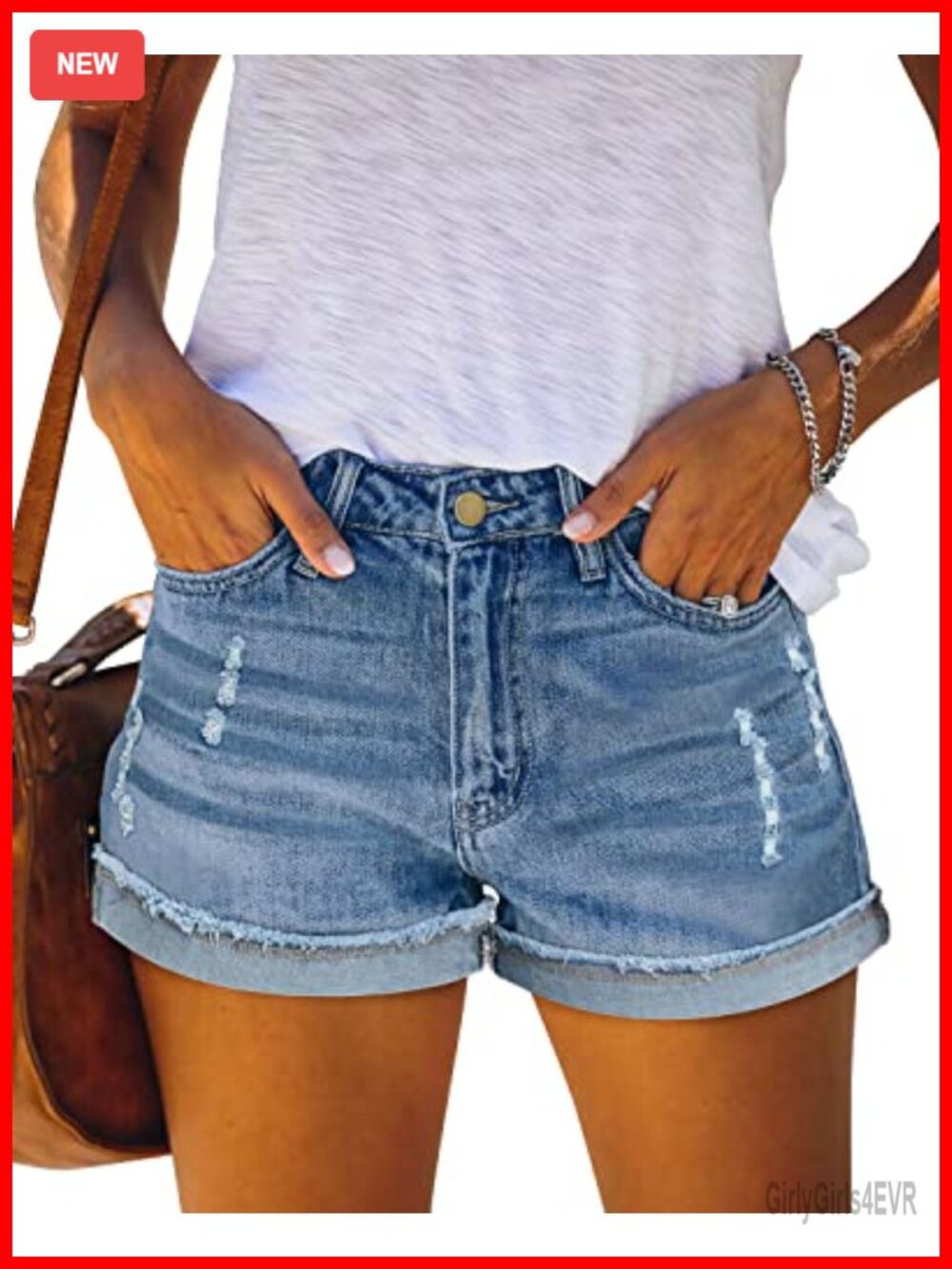 Stretchy Ripped Denim Shorts for Women Mid Rise Folded Hem Slim Fit Casual